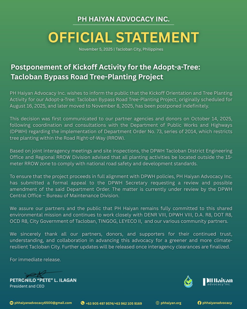Official statement from PH Haiyan Advocacy Inc. 