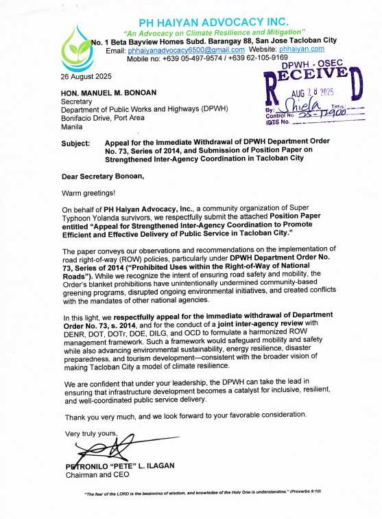 Appeal for the Immediate Withdrawal of DPWH Department Order No. 73, Series of 2014, and Submission of Position Paper on Strengthened Inter-Agency Coordination in Tacloban City