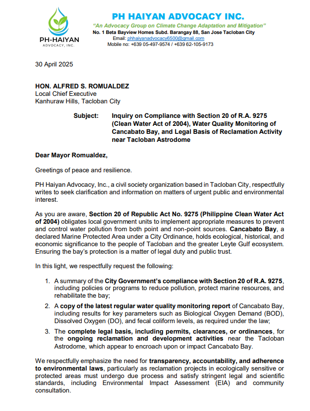 Inquiry on Compliance with Section 20 of R.A. 9275 (Clean Water Act of 2004), Water Quality Monitoring of Cancabato Bay, and Legal Basis of Reclamation Activity near Tacloban Astrodome