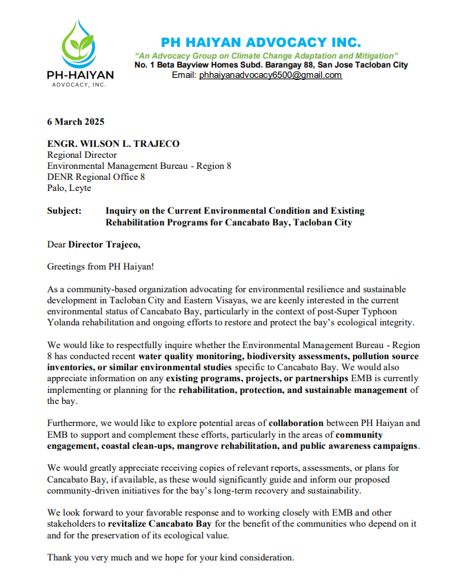 Inquiry on the Current Environmental Condition and Existing Rehabilitation Programs for Cancabato Bay, Tacloban City